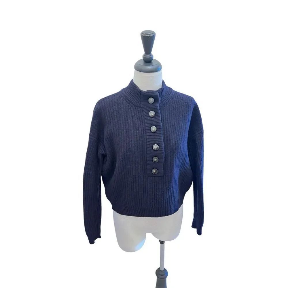 La Maille Sezane Women's Lucas Wool Blend Ribbed Knit Jumper Sweater Navy XS